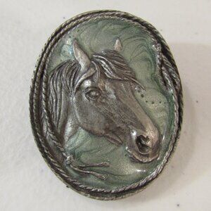 Vintage 1987 Siskiyou Buckle Co Bolo Tie Buckle Horse & Lasso Pewter Green